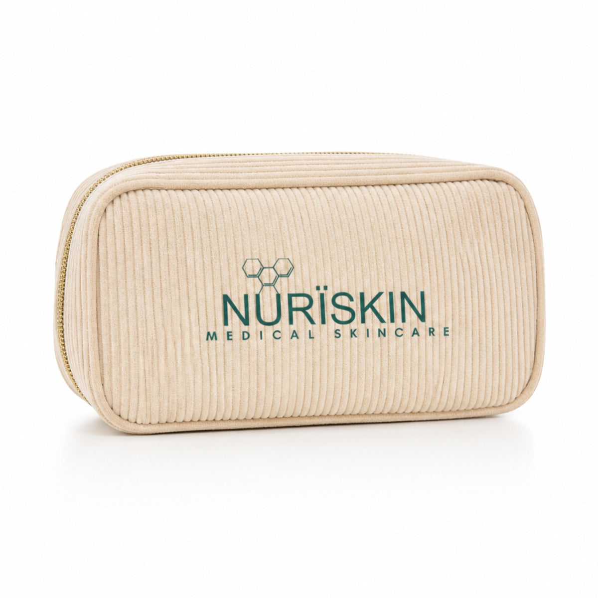 Beige Beauty bag with Nuriskin Medical Skincare logo on a white background